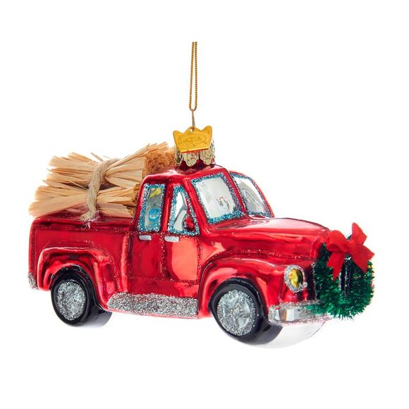 Kurt Adler Noble Gems Red Truck Loaded with Hay Glass  Holiday Ornament - Picture 1 of 4